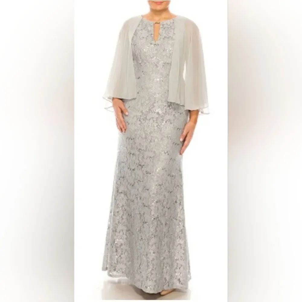 SLNY LACE CHIFFON CAPELET MERMAID GOWN NWT SIZE 8 silver